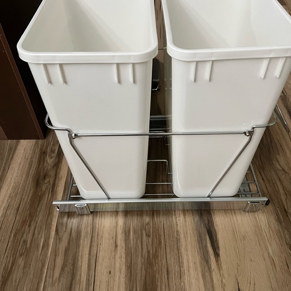 Dual White Trash Bins with Silver Rack